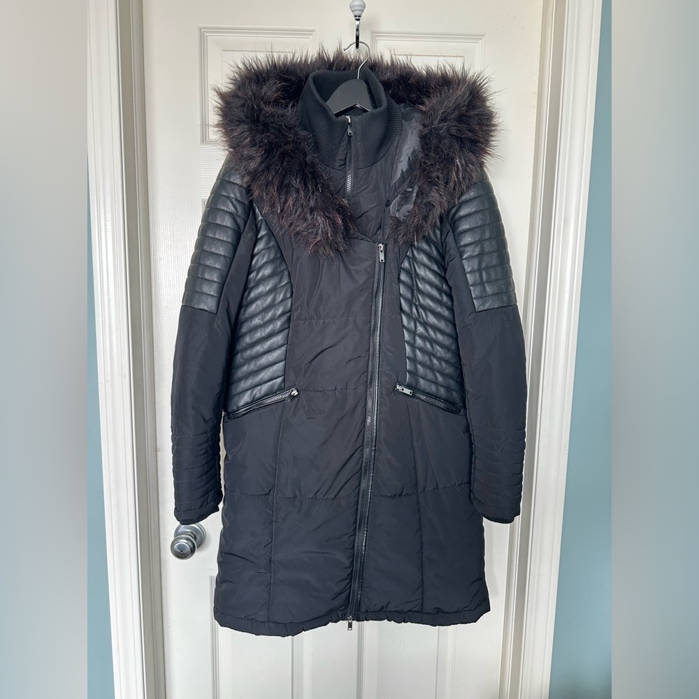 Only Black Quilted Hooded Puffer Coat with Faux Fur Trim